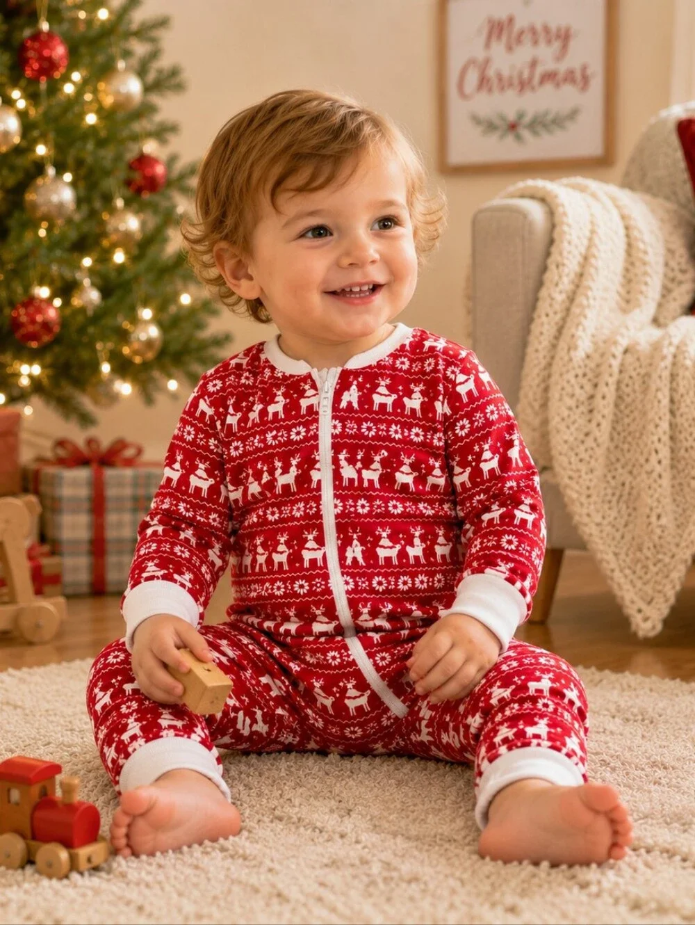 Kissy Kissy Red Christmas Reindeer Zip Footedless Pajama Onesie 18–24M Holiday